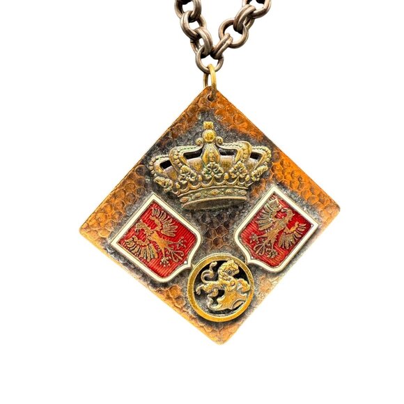 Hammered Royal Crown Eagle Symbol Pendant Chain Necklace Brass Tone - Picture 2 of 7